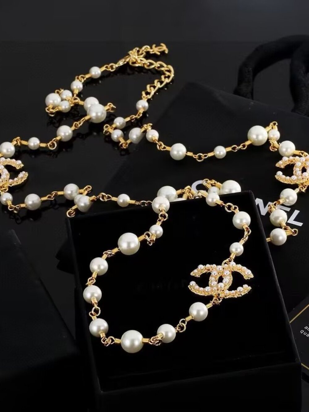 Chanel Pearl Chain Necklace with Pearl-Encrusted CC Logo